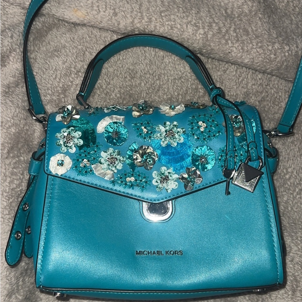 Michael Kors Bristol Tile Blue Floral Embellished Leather Satchel